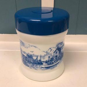 Vintage White Milk Glass‎ Blue Delft Humidor Canister Blue Lid Lighthouse Scene